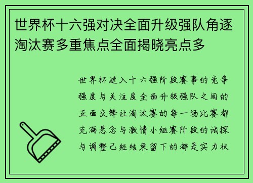 世界杯十六强对决全面升级强队角逐淘汰赛多重焦点全面揭晓亮点多